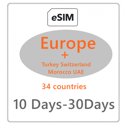 【免插卡eSIM】5G/4G歐洲多國+（土耳其 阿联酋 瑞士 摩洛哥）34國通用上網 歐洲eSIM