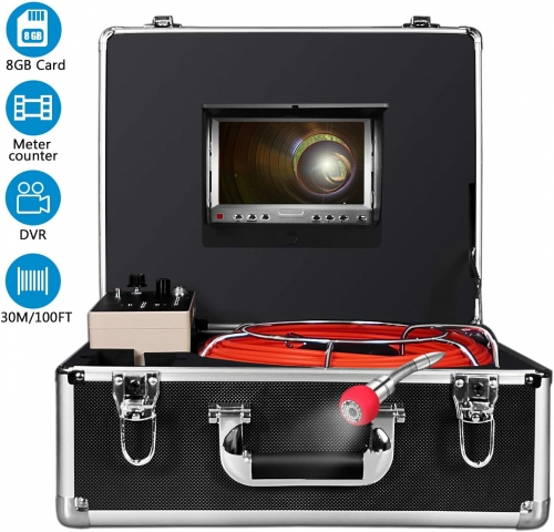 Sewer Pipe Camera, Drain Inspection Camera with Meter Counter, Endoscope Waterproof Camera with 7-inch LCD Monitor 1000TVL DVR Recorder Cable 30M for Technician Mechanic Plumbers(8G SD Card Include)