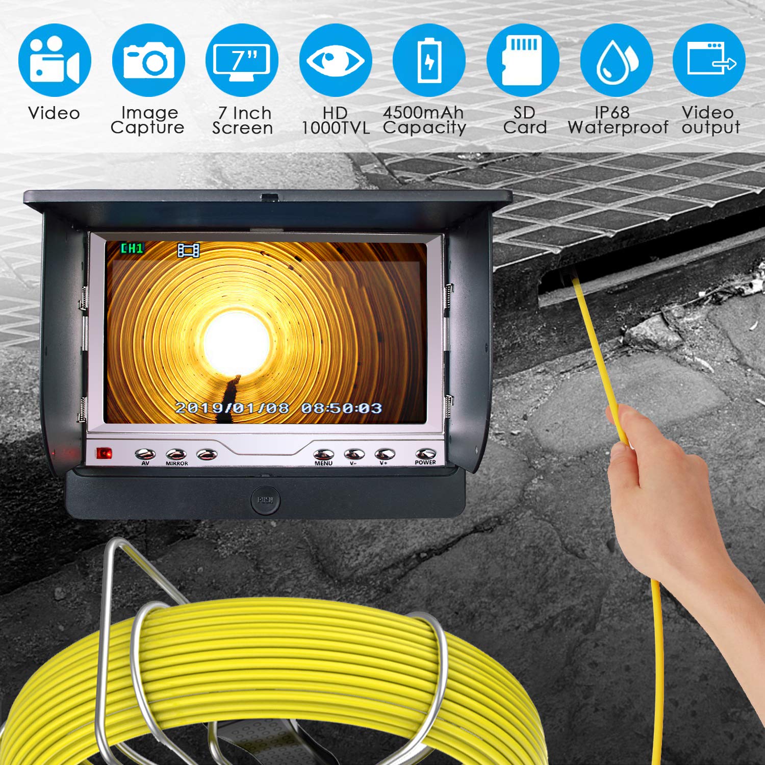 30M 98FT IP68 Waterproof Drain Pipe Sewer Inspection Camera 7" LCD 1000 TVL Cam 