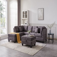 Living Room Sofa Set, Anysun Modern L- Shaped Sectional Sofa Couch with Reversible Chaise, Storage Ottoman, inlaid with copper nail and Two Pillows, Gray