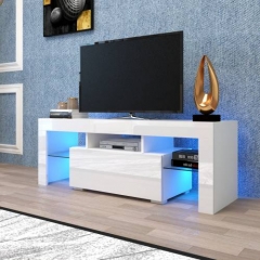 Modern LED TV Stand, Aukfa White High Gloss Entertainment TV Cabinet with Big Drawers & Remote Control Lights, TV up to 55