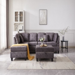 Living Room Sofa Set, Anysun Modern L- Shaped Sectional Sofa Couch with Reversible Chaise, Storage Ottoman, inlaid with copper nail and Two Pillows, Gray