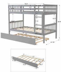 Bunk Bed with Trundle,Full Over Full Bunk Beds with Ladder,Solid Wood Trundle Bed with Rails,Safety High Guardrails,Convertible Bunk Bed for Kids,Teens,Gray