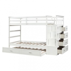 Wood Bunk Bed for Kids, Twin Over with Trundle and Staircase, For Kids, Boys, Girls, White Finish