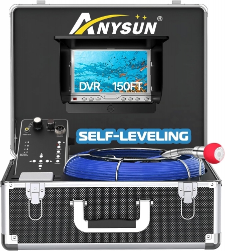 Self Leveling Sewer Camera, Anysun Pipe Inspection Camera Self Leveling IP68 Waterproof Industrial Plumbing Endoscope Drain Snake Cam with 7" LCD Monitor, 8G SD Card, DVR Recorder(165Ft/50M Cable)