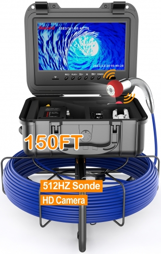 Sewer Camera with 512HZ Sonde Transmitter, Anysun 9" HD Screen Pipe Drain Inspection with 12pcs Light, DVR Recorder with 32GB Card, IP68 Waterproof Plumbing Cam, 7mm Cable with Depth Marker