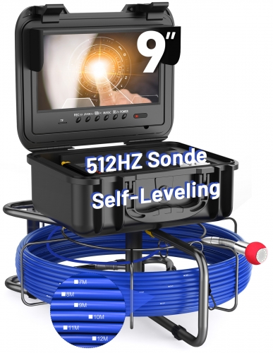 Sewer Camera with 512HZ Sonde, Self-Leveling 9" HD Screen DVR Recorder with 32GB Card, IP68 Waterproof Plumbing Pipe Borescope Inspection with 12pcs Light, 7mm Cable with Depth Marker