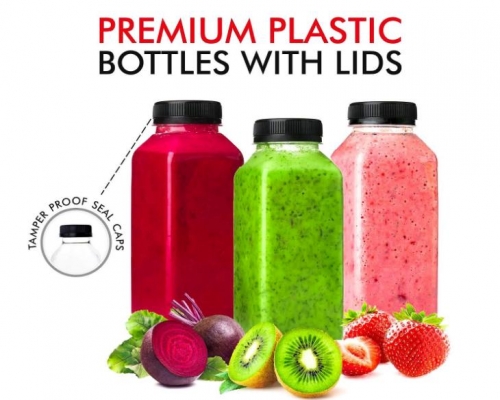 Plastic Bottles with Caps, 12 Ounce Drink Bottles for Juicing, Smoothie Bottles with Lids