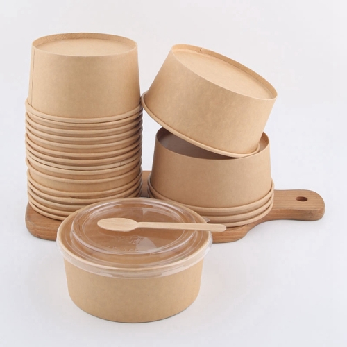 Salad Bowl Sushi Restaurant Box Round Noodle kraft Paper bowl with Clear Lid