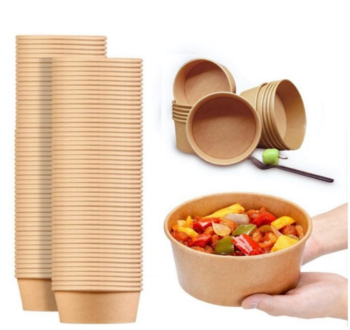 Disposable Round Paper Soup Bowl Paper Cups Food Container Biodegradable Take Away Fast Food Kraft Paper Salad Bowl With Lids