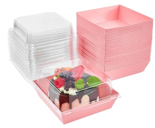 Paper Charcuterie Boxes with Clear Lids, 4 Inches Pink Cookie Boxes Dessert Boxes Disposable Food Containers for Sandwich, Cake Slice, Cupcake, Chocolate Covered Strawberry
