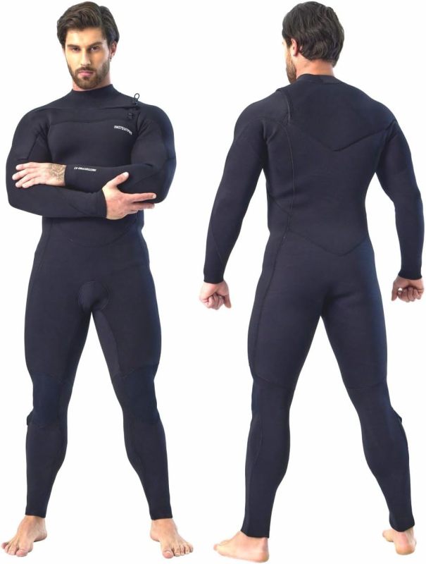 MWTA Surfing Wetsuits for Men, Chest Zip Surf Suit, Neoprene Fullsuit W/GBS Seams, Flexible &amp; Stretchy Full Body Wet Suit for Windsurfing (Black)
