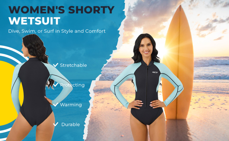 MWTA Wetsuit Women Shorty 2.0mm Neoprene Front Zipper for UV Protection Surfing Diving Snorkeling Kayaking