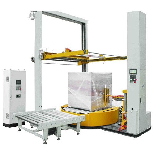 conveyorized turntable online stretch wrapping machine