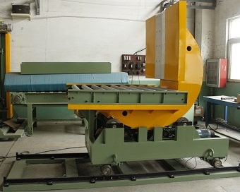 coil upender and coil downender with roller conveyor and rails and wheels