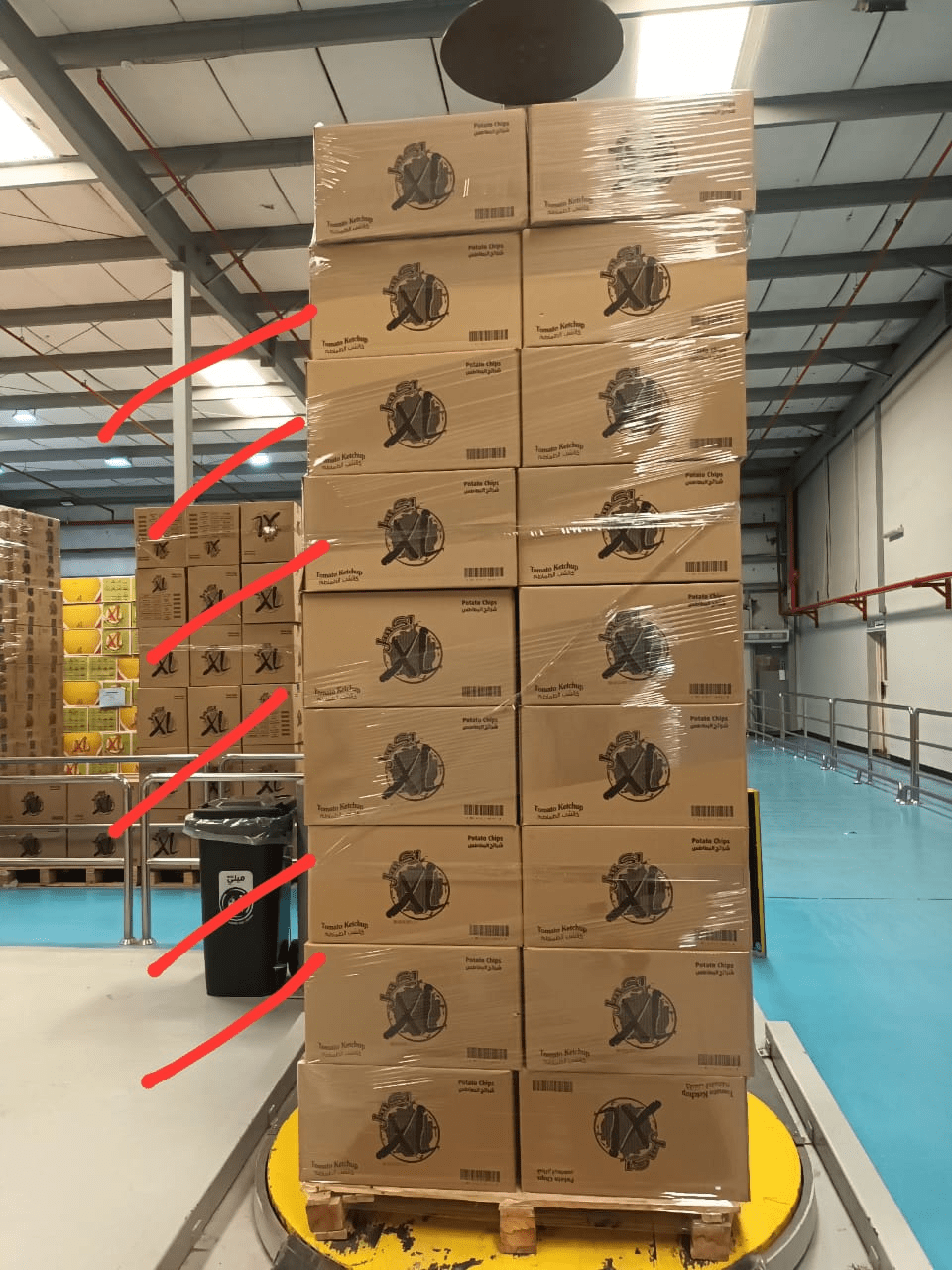 palletized food products on pallet wrapper for stretch wrapping-min