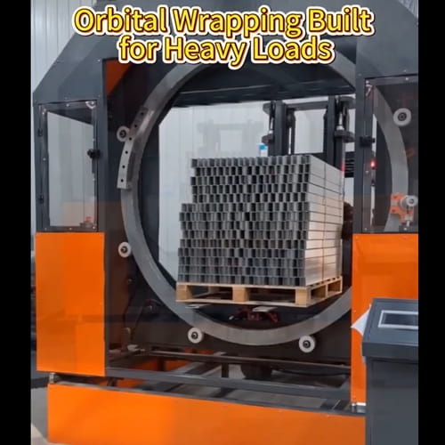 Horizontal pallet wrapping machine for Metal fabricators — ring and wrapping station