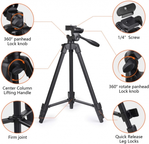 55 Phone Tripod, PHOPIK Aluminum Extendable Tripod Stand with Shutter,  Carrying Bag, Compatible with iPhone/Android/Sport Camera Perfect for Video