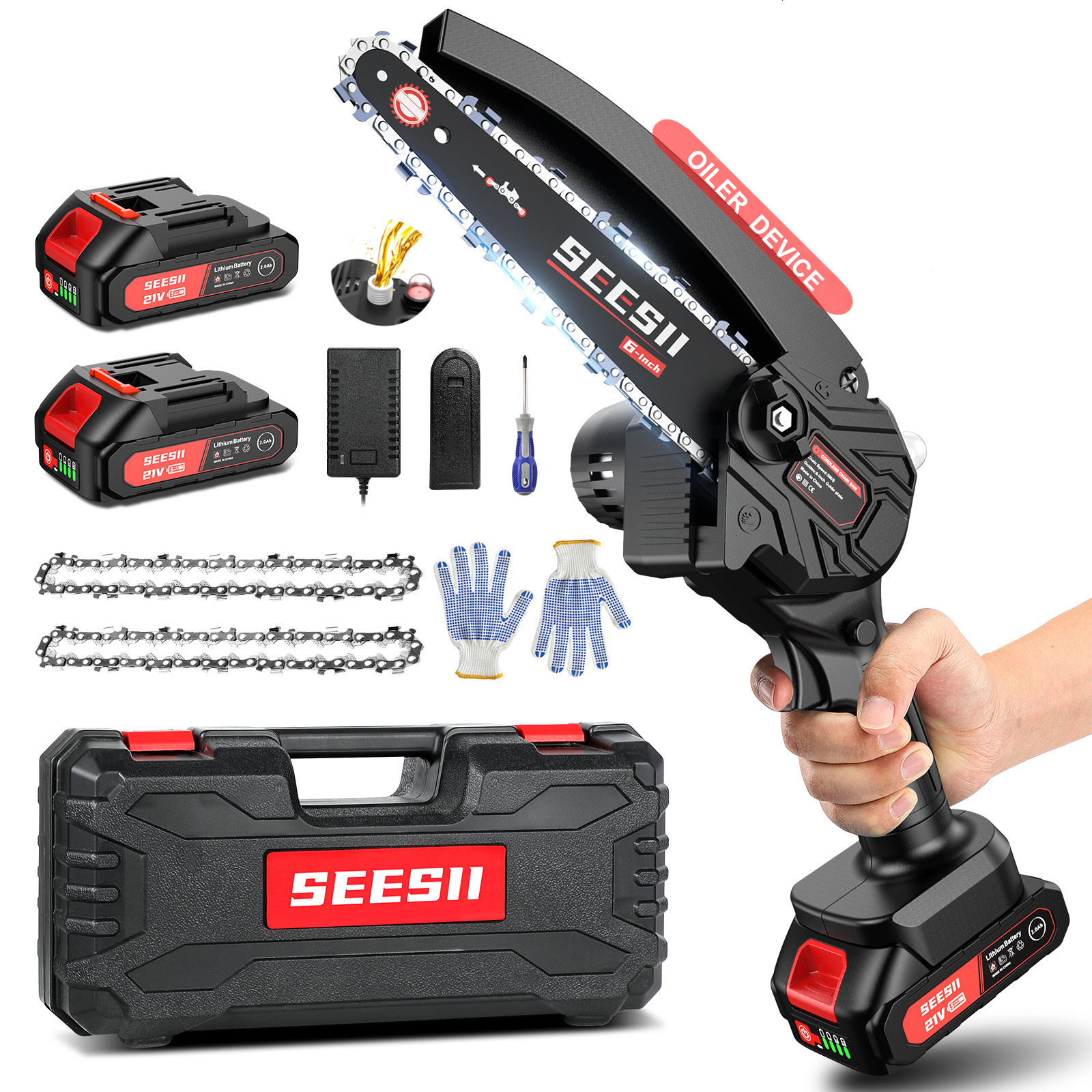 6-Mini Chainsaw,SeeSii Cordless Chainsaw w/ 2x2000mAh Batteries & Oiler System[2023 Upgrade],Handheld Electric Chainsaw w/Safety Lock,Battery Powered Chainsaw for Wood Cutting Tree Trimming