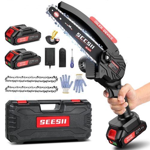 6-inch Mini Chainsaw,SeeSii Cordless Chainsaw w/ 2x2000mAh Batteries & Oiler System[2023 Upgrade],Handheld Electric Chainsaw w/Safety Lock,Battery Powered Chainsaw for Wood Cutting Tree Trimming