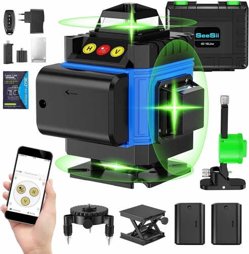 Green Beam Laser Level, Seesii 4x360°4D Green Cross Line Self-leveling Line Laser, 16 Lines Laser Level with 2 Rechargeable Batteries, Remote & APP Control, Magnetic Rotating Stand & Toolbox Included