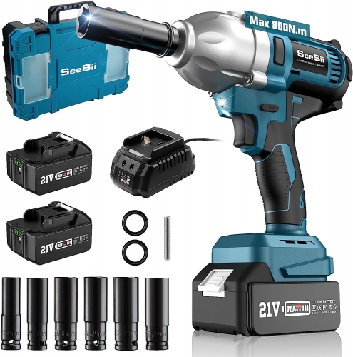 Seesii Cordless Impact Wrench, 1180Ft-lbs(1600N.m) High Torque Impact Gun  3/4, Brushless Impact Wrench w/ 5.0Ah Battery & Fast Charger, Electric