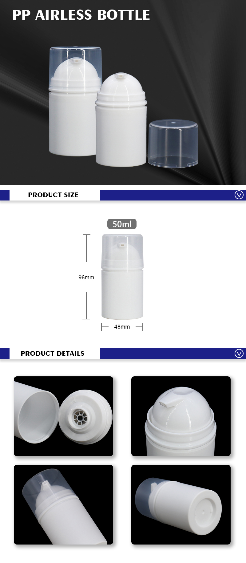 Cylinder White Airless Pump Bottle 50ml For Cosmetic PP Material Durable