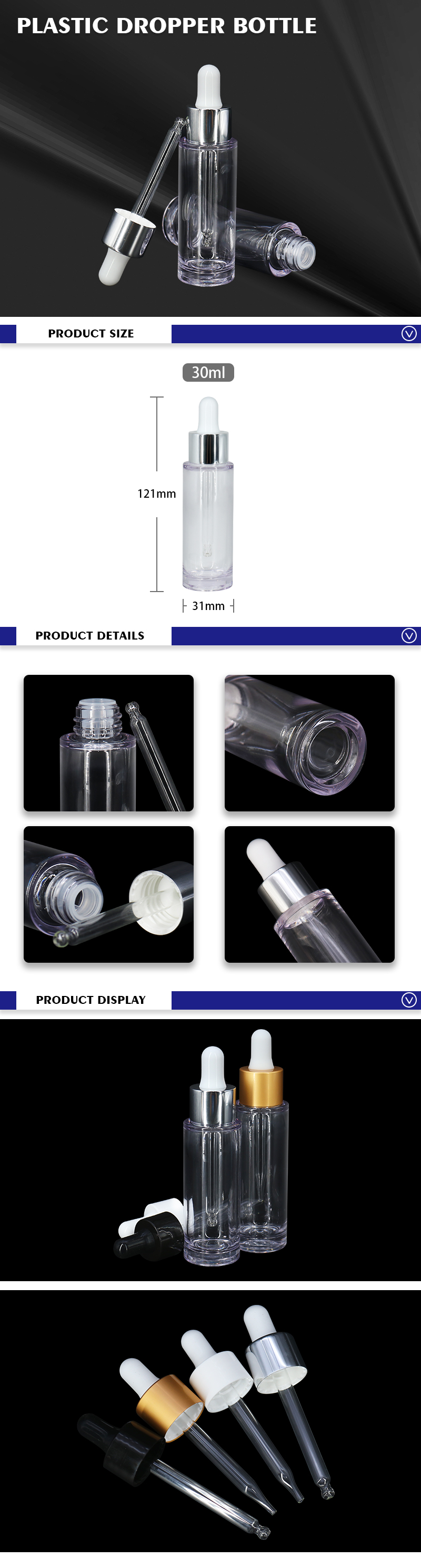 Botella de empaquetado cosmética de la esencia de la forma del cilindro, botella plástica 30ml del cuentagotas de PETG