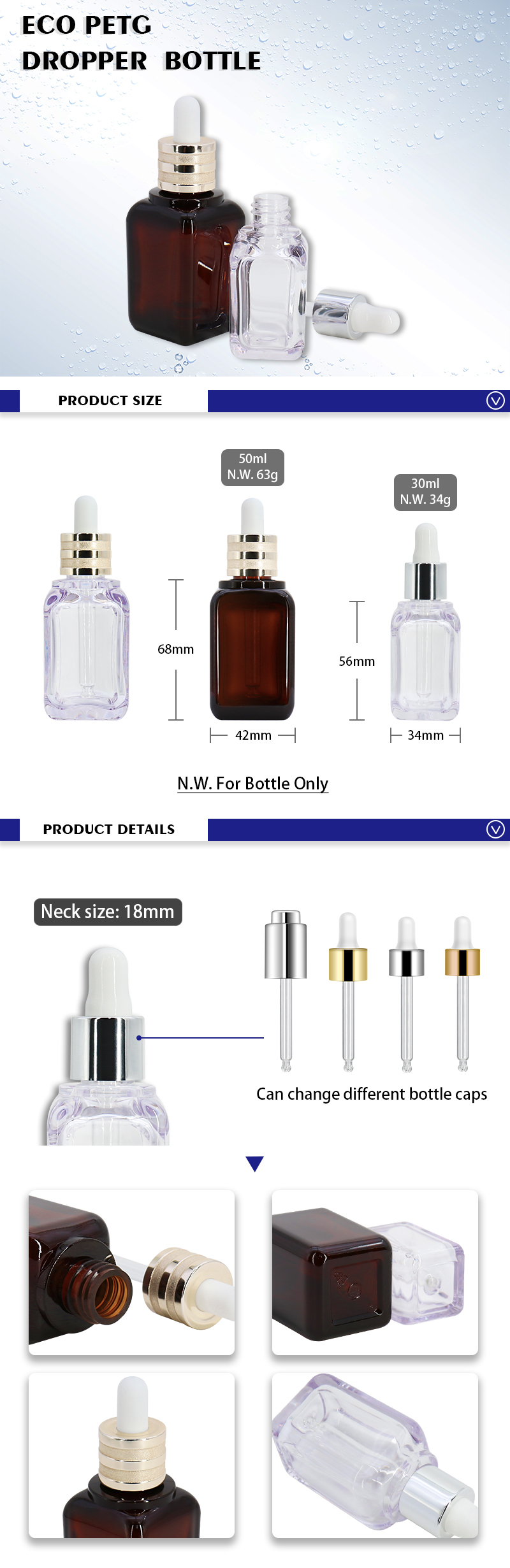 50ml Eco Plastic Clear Dropper Bottle Square Shape Amber Color SGS