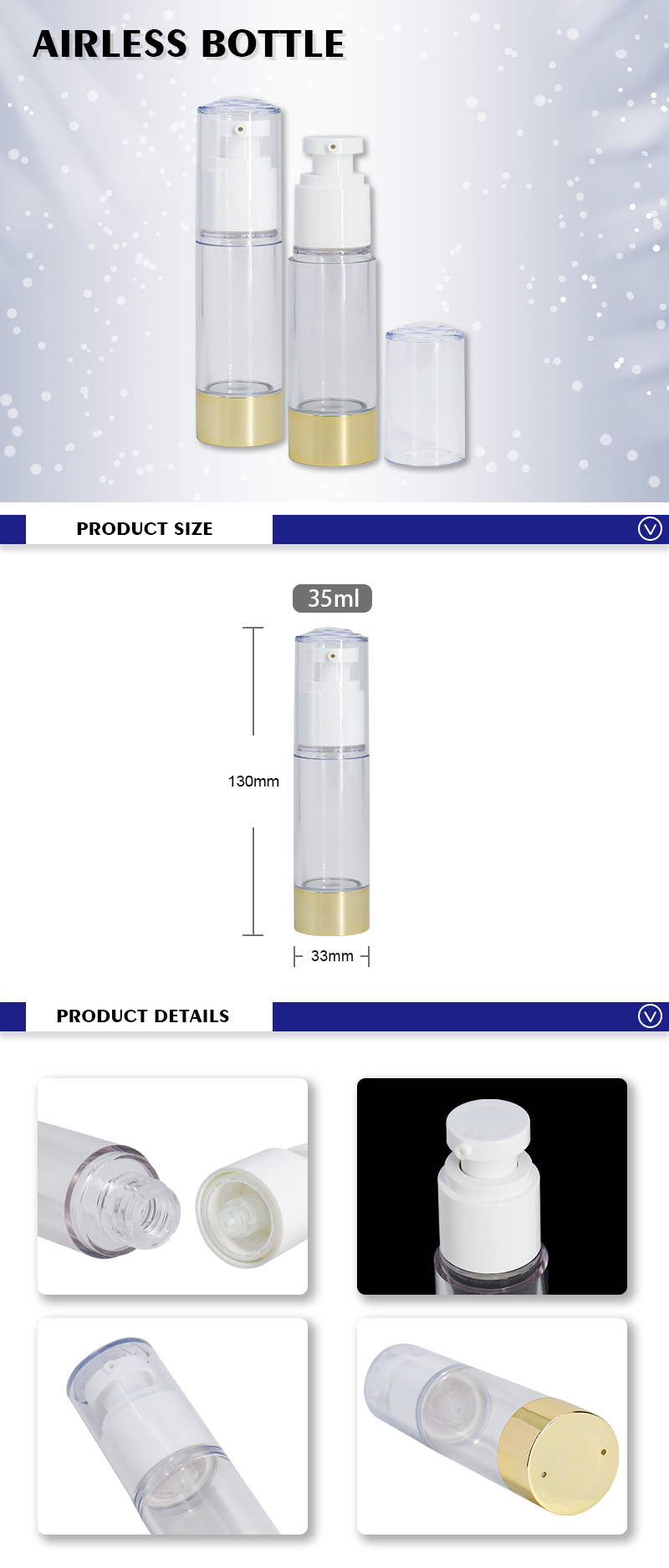 Luxury Empty Airless Cosmetic Bottles / Vacuum Serum Lotion Pump Bottle