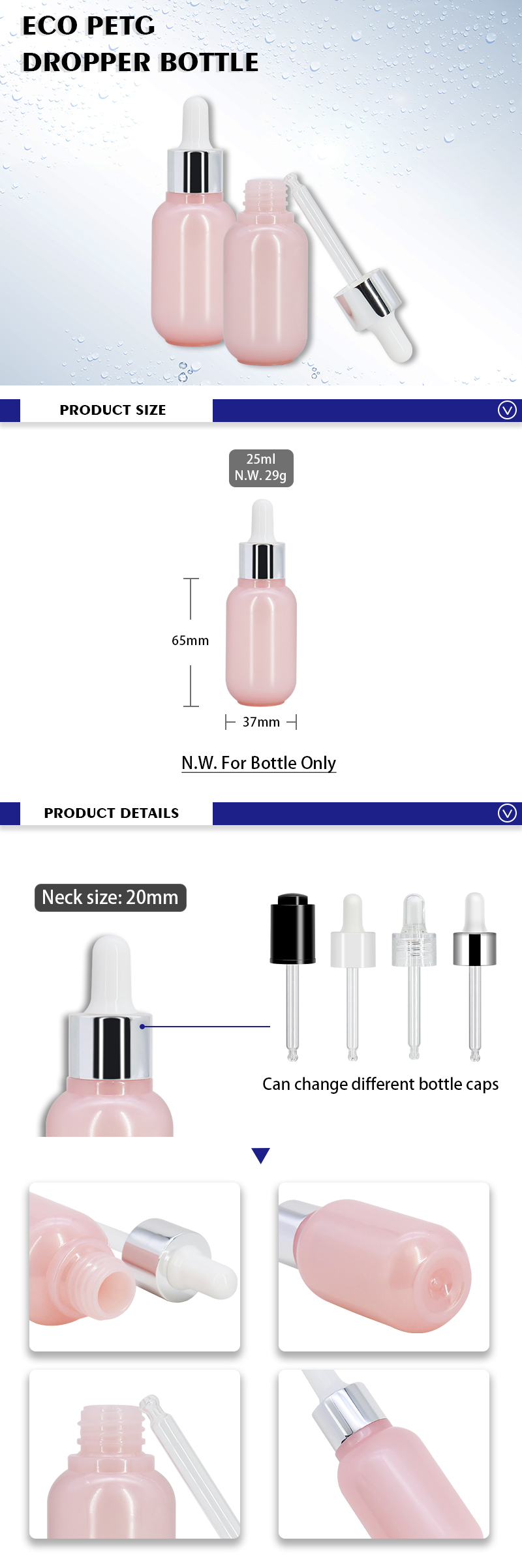 Cute Pink Dropper Bottles , Emplty Serum Bottle with Dropper 25ml