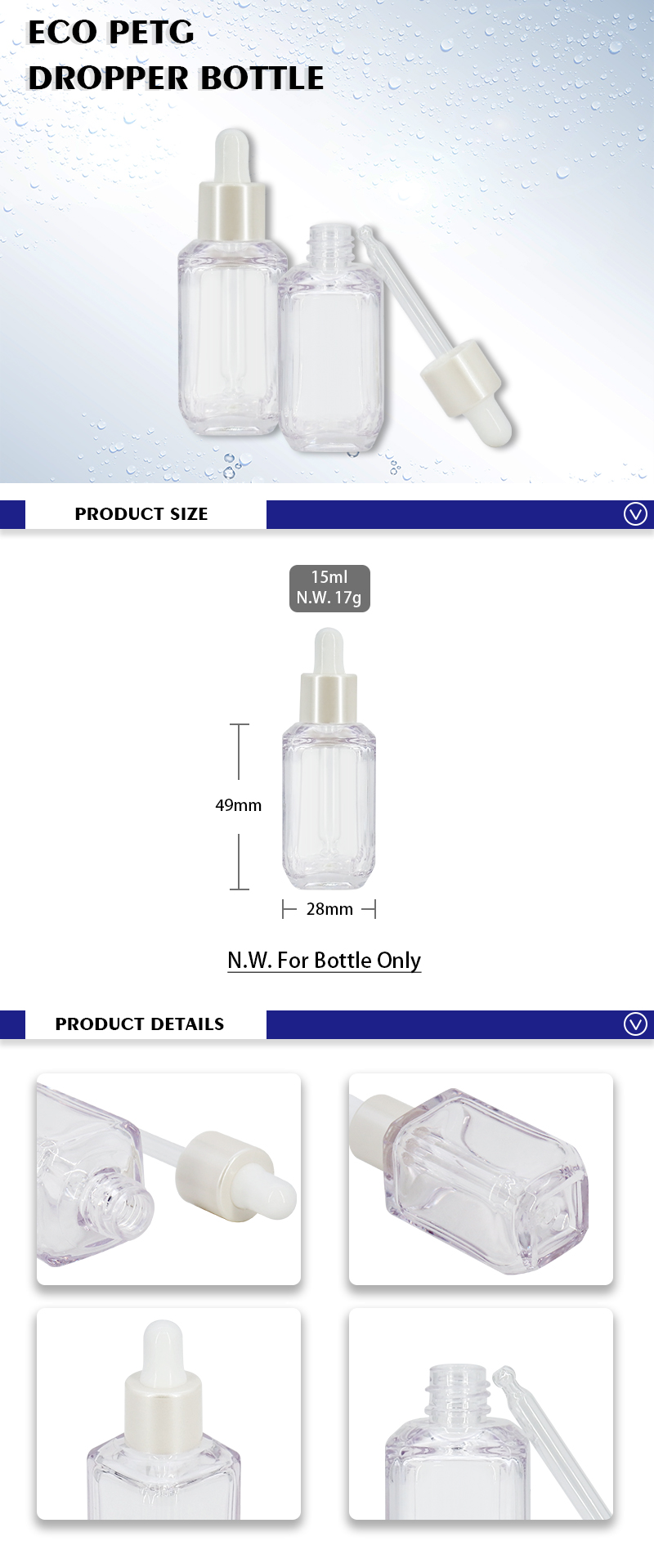 15ml mini Square Serum Bottles with Glass dropper , Transparent Essence Dropper Bottles