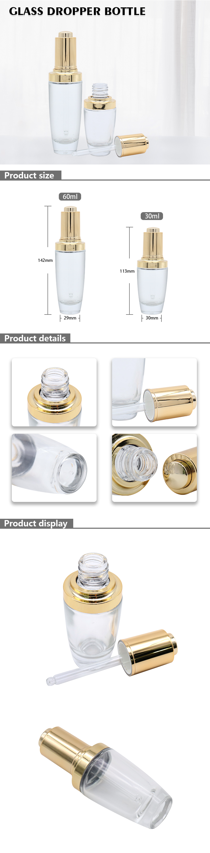 Golden Button Dropper Bottles , 30ml 60ml Glass Essence Oil Bottle with Dropper