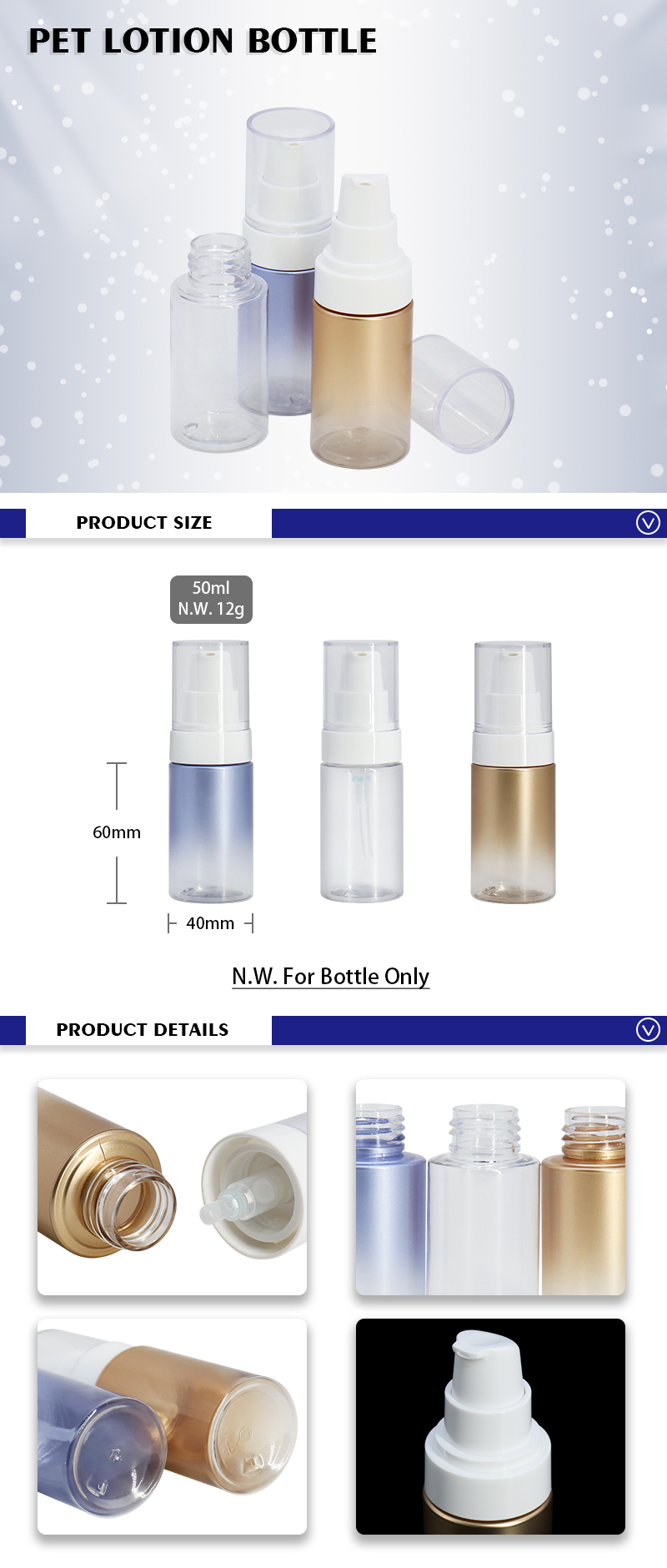 Blue Round PET Lotion Bottles 50ml with Pump Dispenser