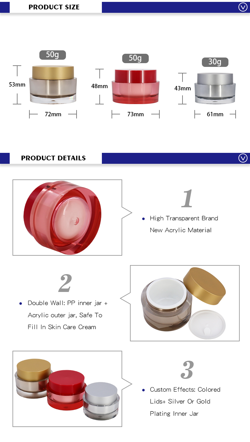 Acrylic Cosmetic Cream Jar 30g 50g Round Shape Various Color