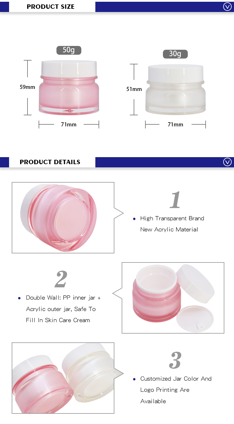 Refillable 30g 50g Acrylic Jars For Cosmetics Pink Color Custom Logo