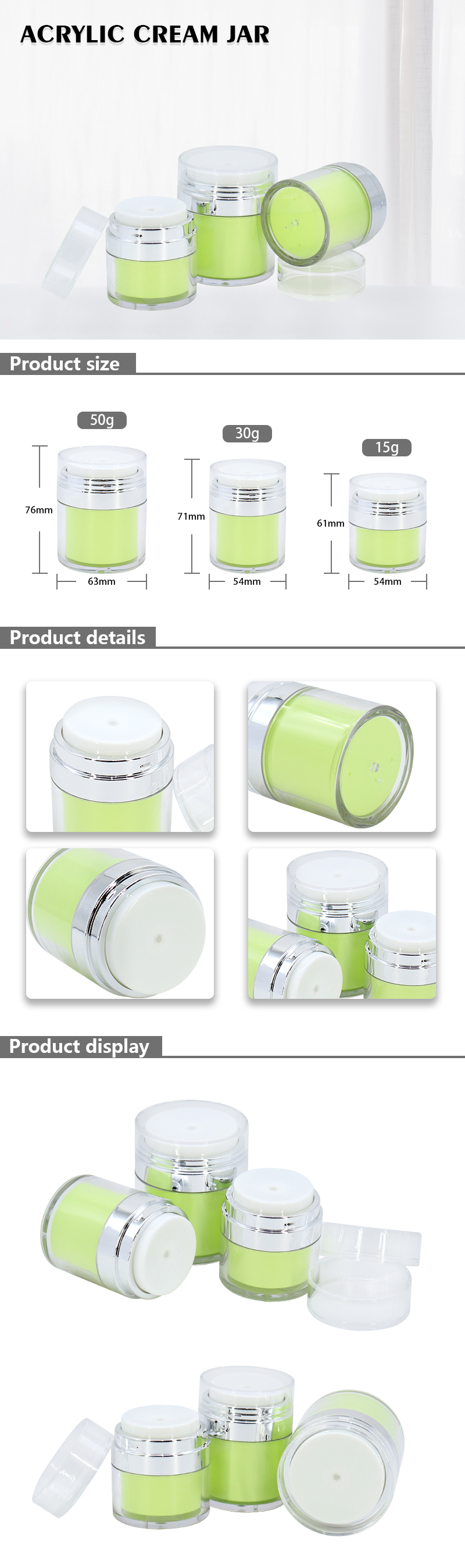Luxury Green Acrylic Airless Pump Cream Jar 15g 30g 50g