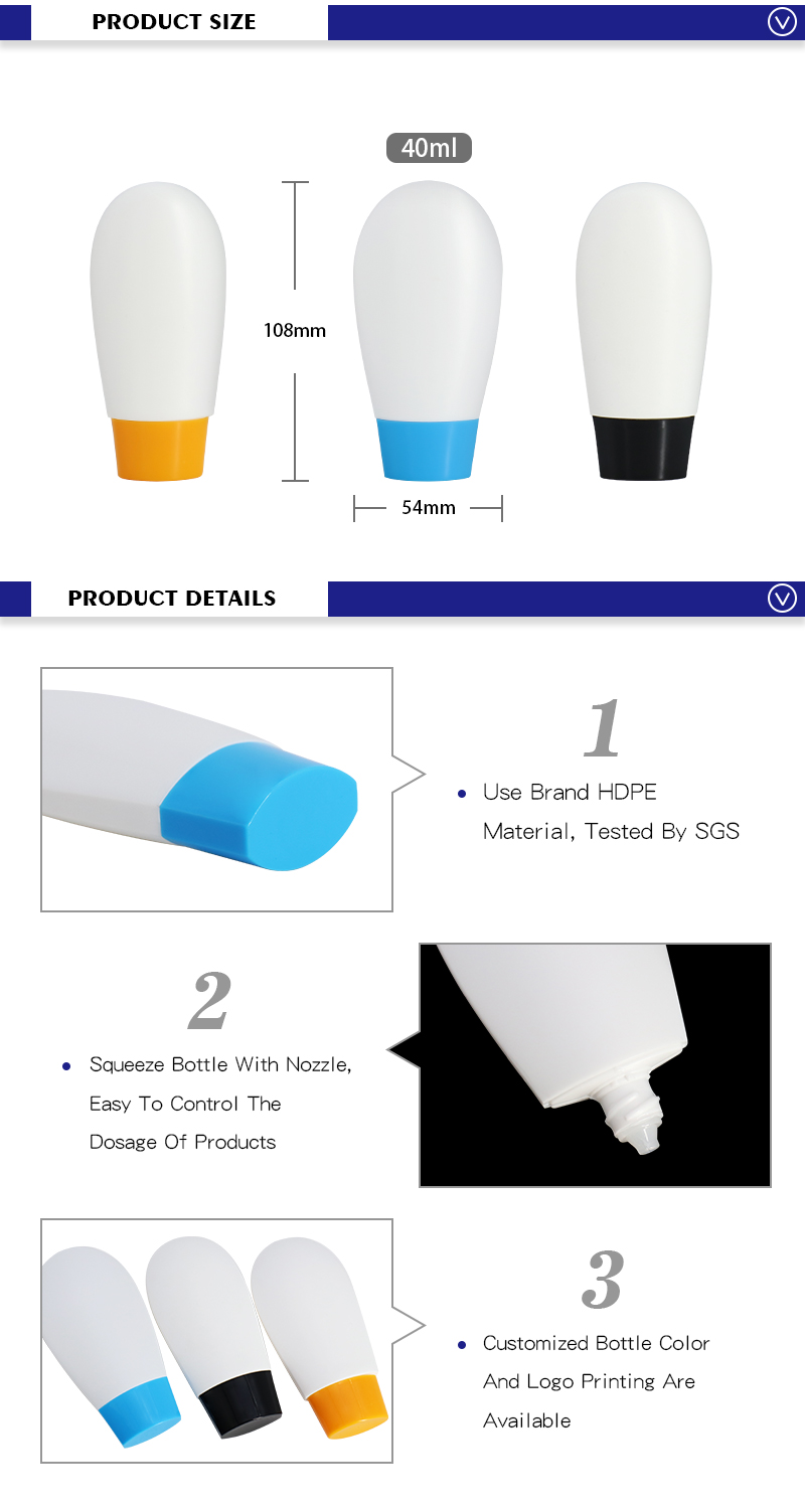 40ml Fan-shaped Eyes Lotion Bottles , White Flat Plastic Squeeze Bottle with Nozzle Cap