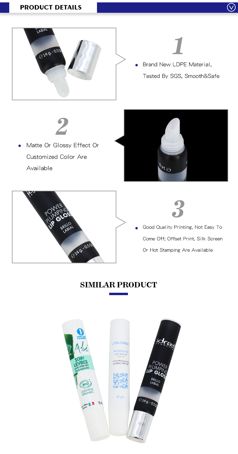 Plastic Black Lip Gloss Squeeze Tubes 15ml With Silver Caps 