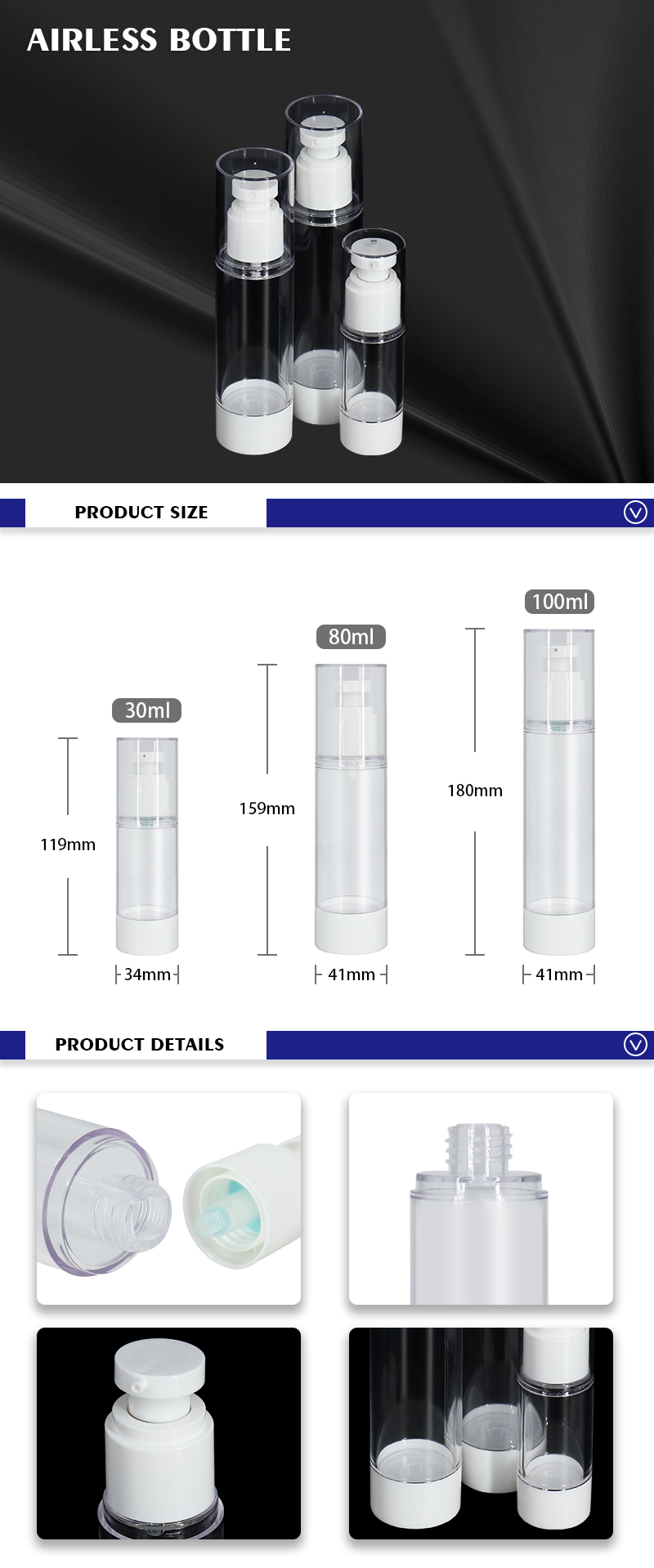 30ml 80ml 100ml Plastic Clear Airless Pump Bottles
