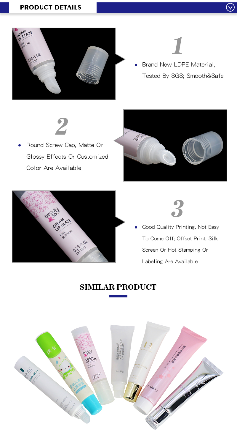 10ml Pink PE Cosmetic Squeeze Tubes Packaging For Lip Gloss