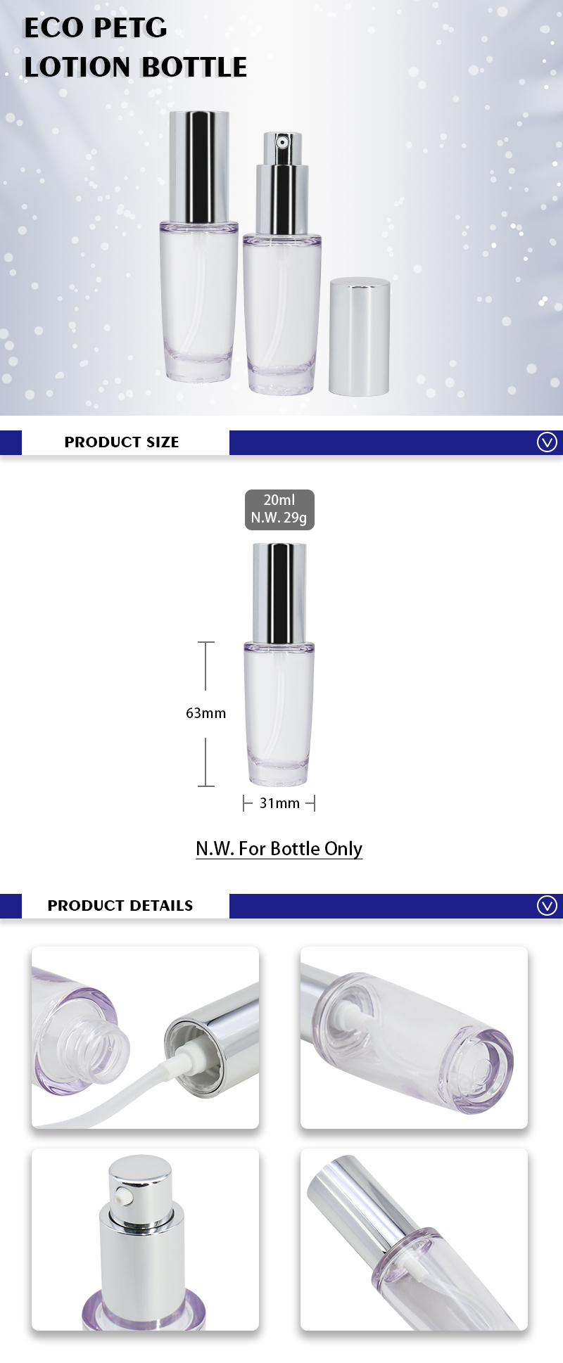 Custom Private Logo 20ml Eco Refillable Lotion Bottle With Silver Pump