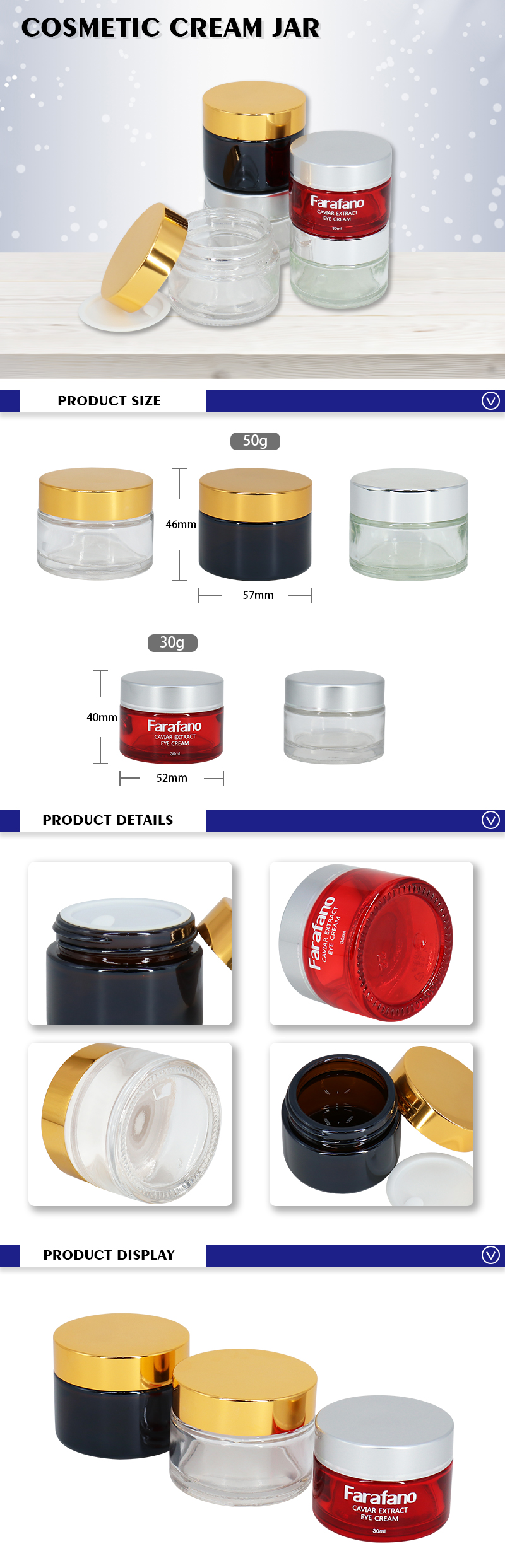 Classic Round 30g 50g Glass Cosmetic Jars With Gold Lid