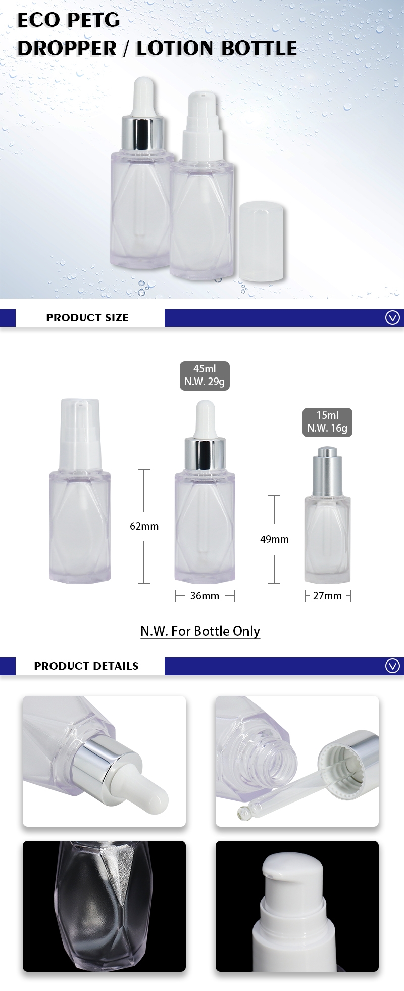 Customize Diamond Shape bottle Thick Wall Lotion Dropper Bottles 15ml 45ml