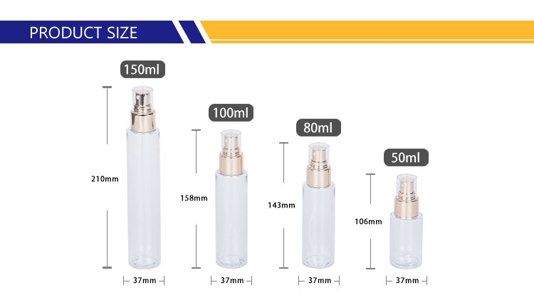 Botellas de plástico largas y delgadas de 50 ml, 100 ml, 150 ml con bomba de pulverización Golden Mist