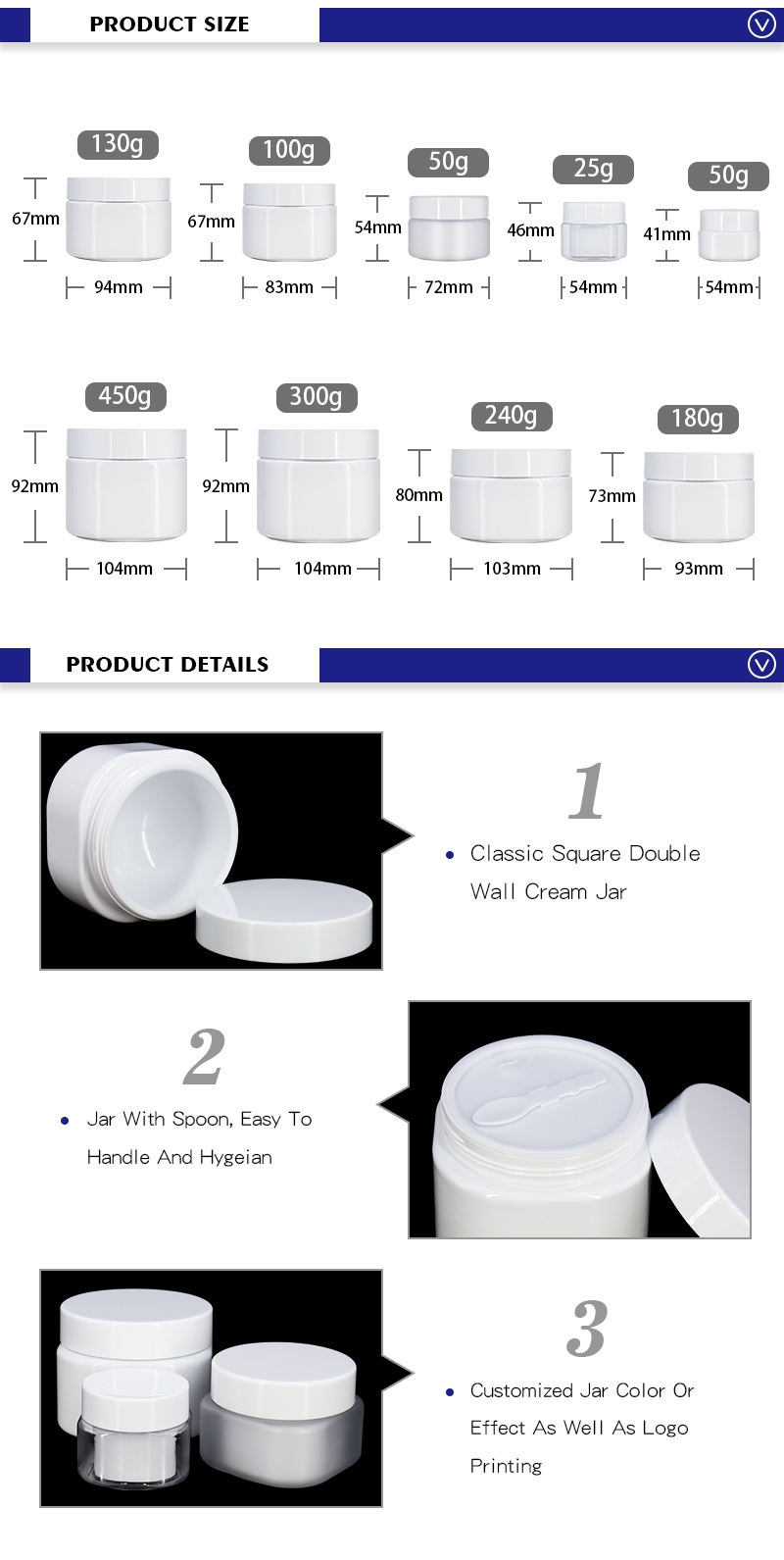 White Square Skincare Packaging Frosted PET Plastic Double-wall Cream Jar