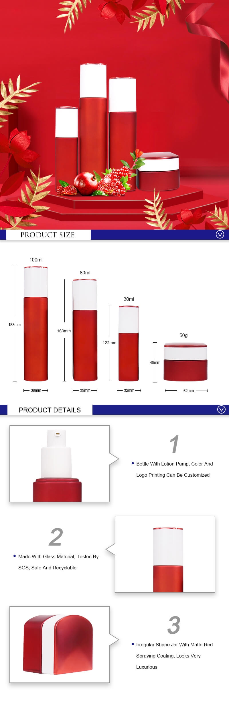 Envases de tarros cosméticos de cristal rojo de lujo para cremas y botellas de loción