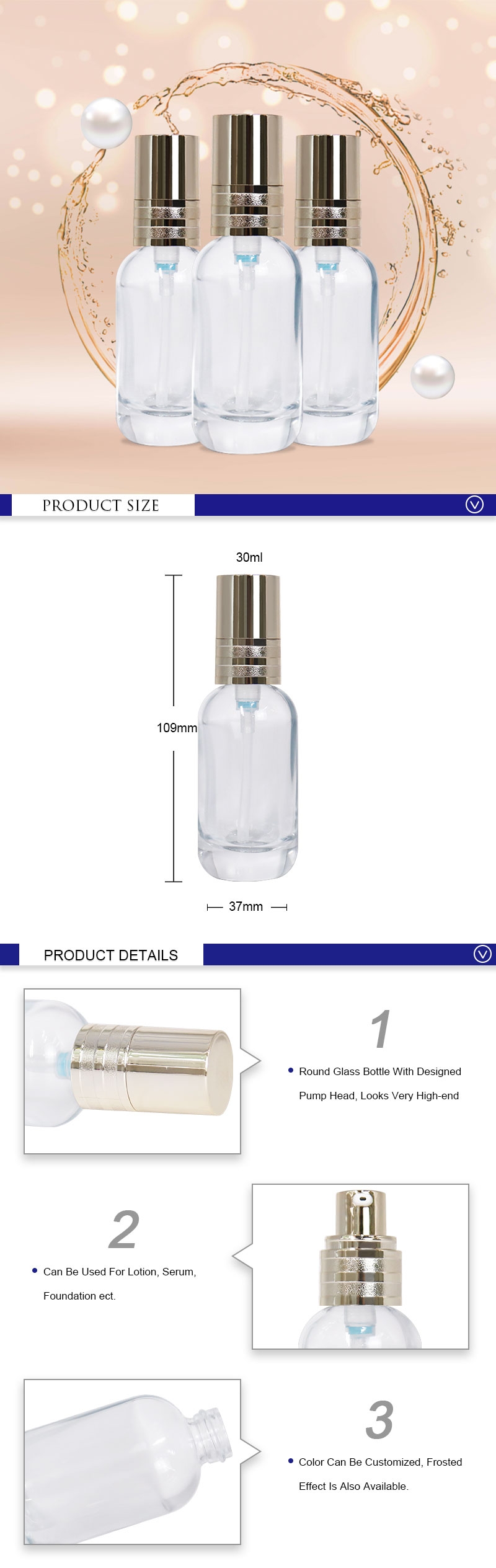 Botella de envases de loción de vidrio transparente de 30 ml, botellas de suero de bomba de oro