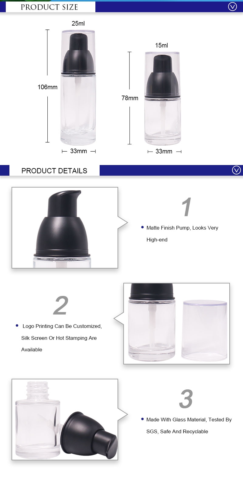 15ml 25ml Glass Lotion Bottles With Black Pump