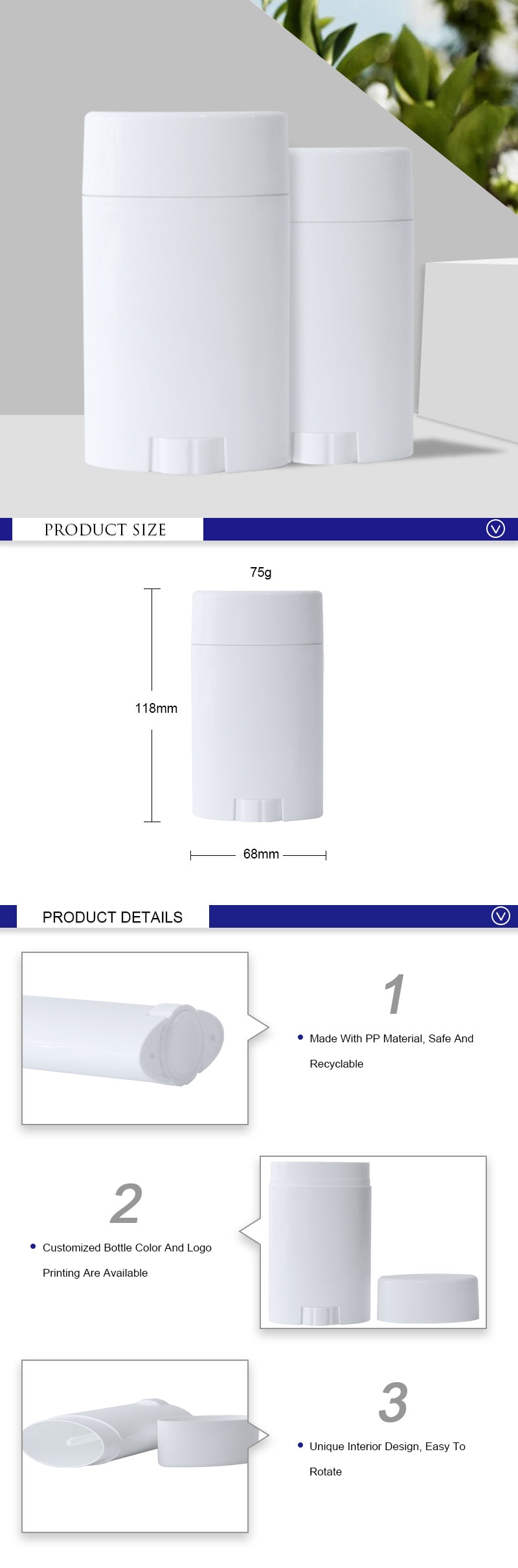 75g Deo Stick Container, Custom Bottom Fill Blank Deodorant Containers